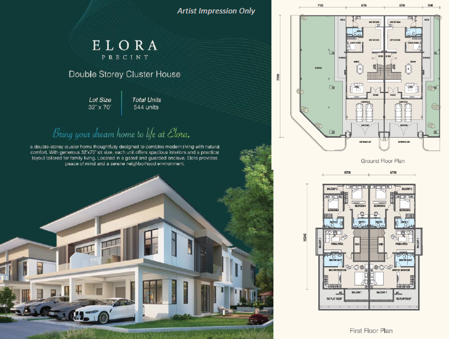 Elora cluster house floor plan — ground floor and first floor layout, 32'×70', 4 bedrooms 4 bathrooms