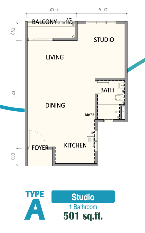 Riverhaus Type A Studio floor plan 501 sqft