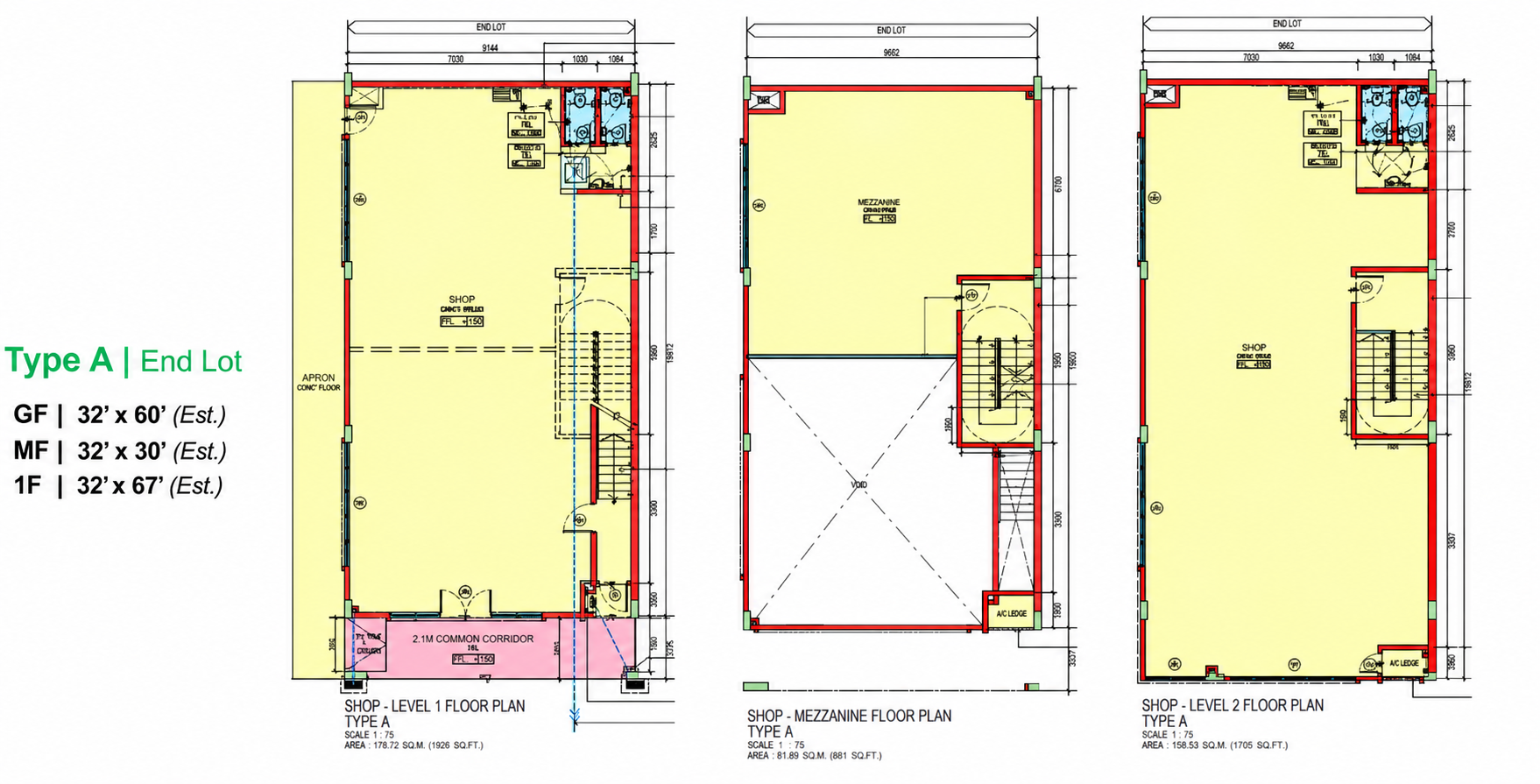 Riverpoint Commercial Hub Type A End Lot floor plan — GF, Mezzanine and Level 2, Iskandar Puteri