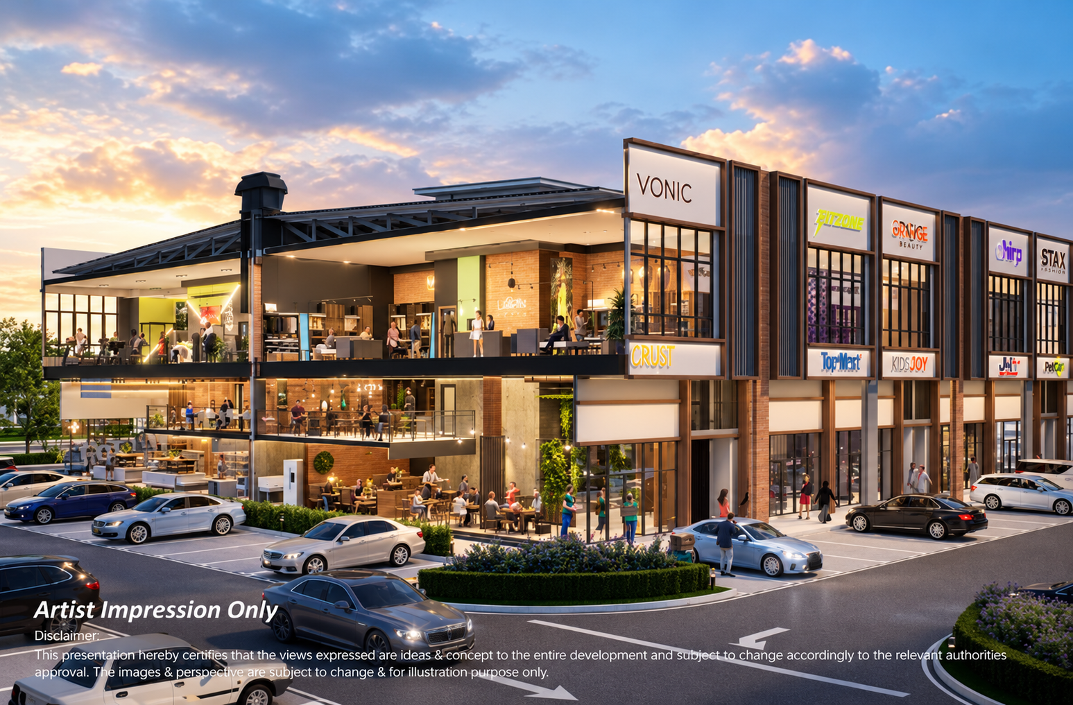 Riverpoint Commercial Hub evening render — alfresco dining and retail levels, Iskandar Puteri